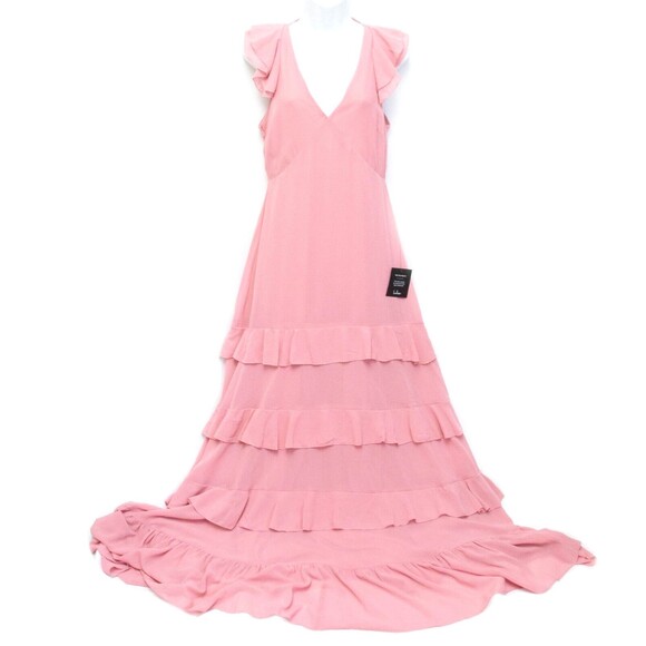 NWT Lulus Pastel Pink Chiffon Tiered Layered Romantic V Neck Maxi Dress Gown M - Picture 1 of 5
